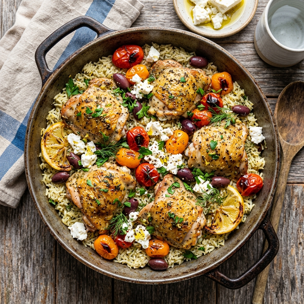 Greek Chicken with Lemon Rice and Tomatoes — kitchen tested recipe